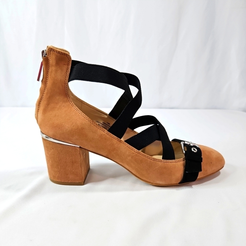 Nine West Tan Suede Block Heel Pumps with Black Straps
